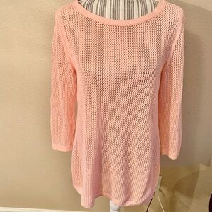 Talbots Sweater Small Coral Knit Crochet design Long BoatNeck 3/4 Sleeve Slits